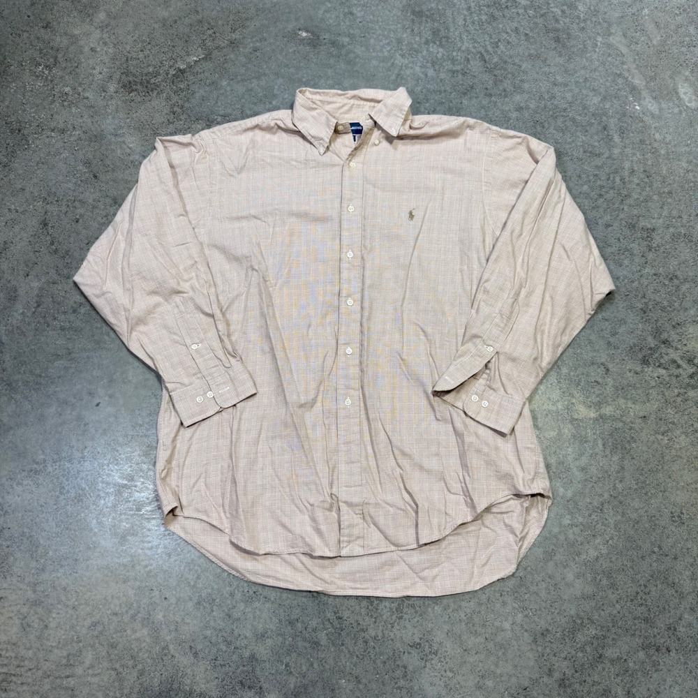 Ralph Lauren Shirt Mens 17.5 Tan Yarmouth Plaid Cotton Button Down Long Sleeve
